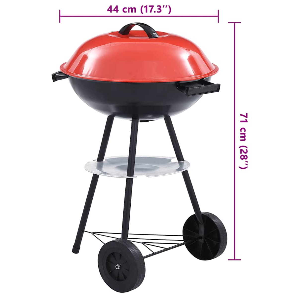 Un barbecue rosso e nero con ruote e dimensioni indicate.