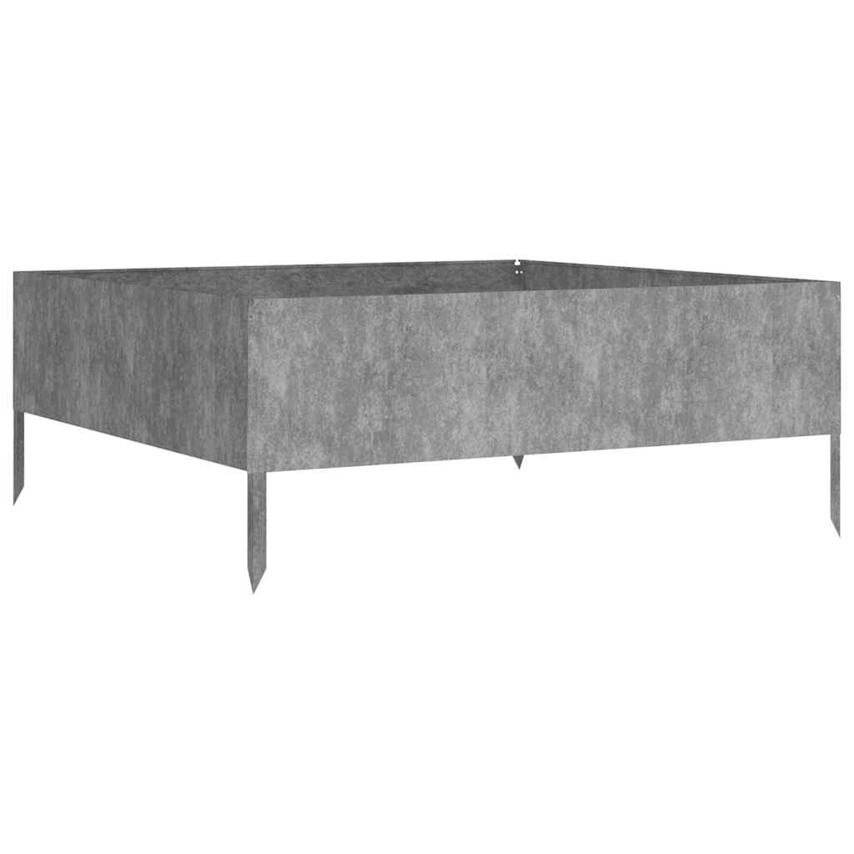 Ein grauer, rechteckiger Hochbeet-Rahmen aus Metall mit Spitzen zum Eingraben.