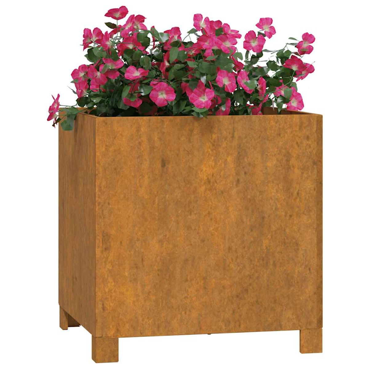 Rostiger Metall-Pflanzkasten mit pinken Blumen und grünen Blättern.
