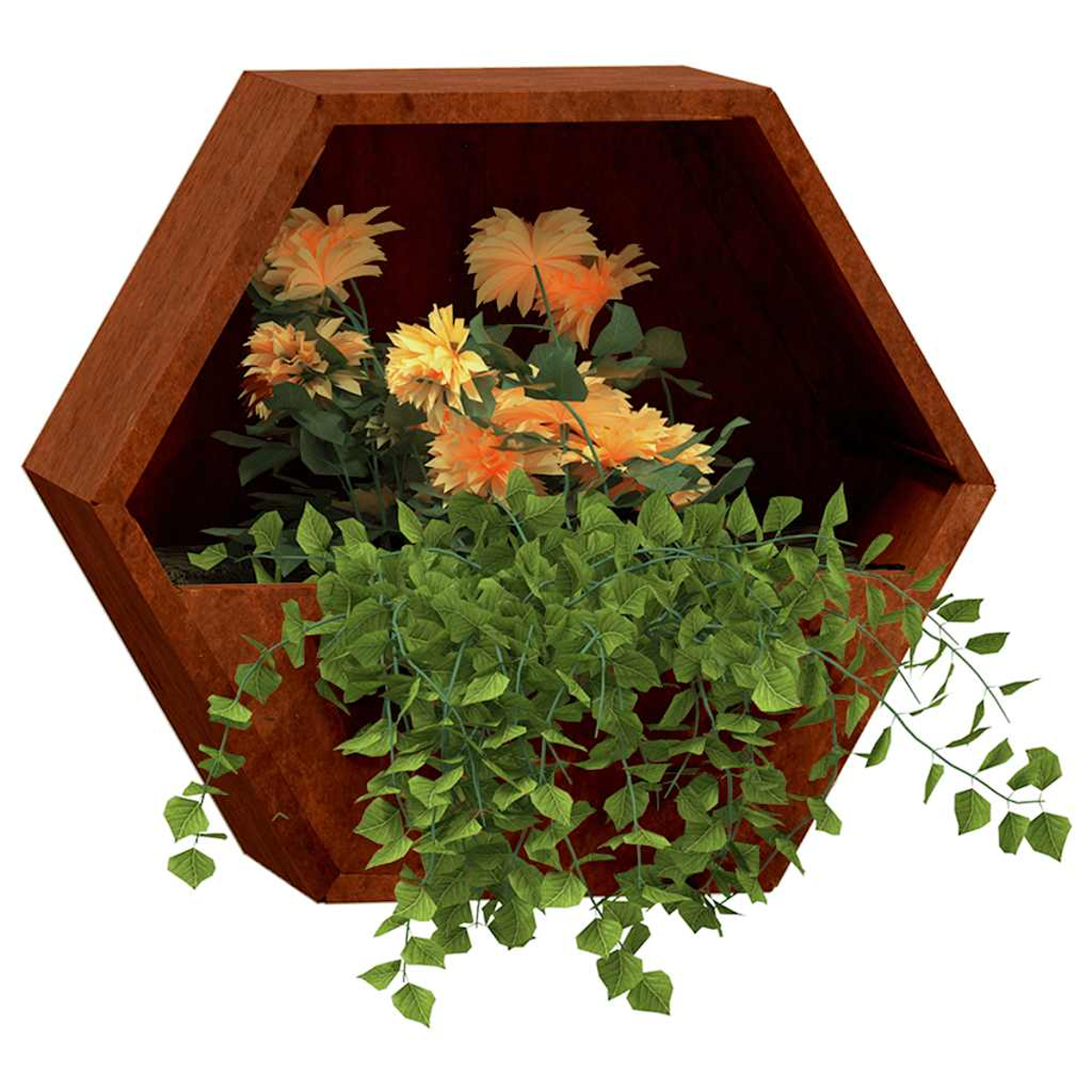 Ein sechseckiger Holzpflanzer mit gelben und orangen Blumen und grünen Blättern.
