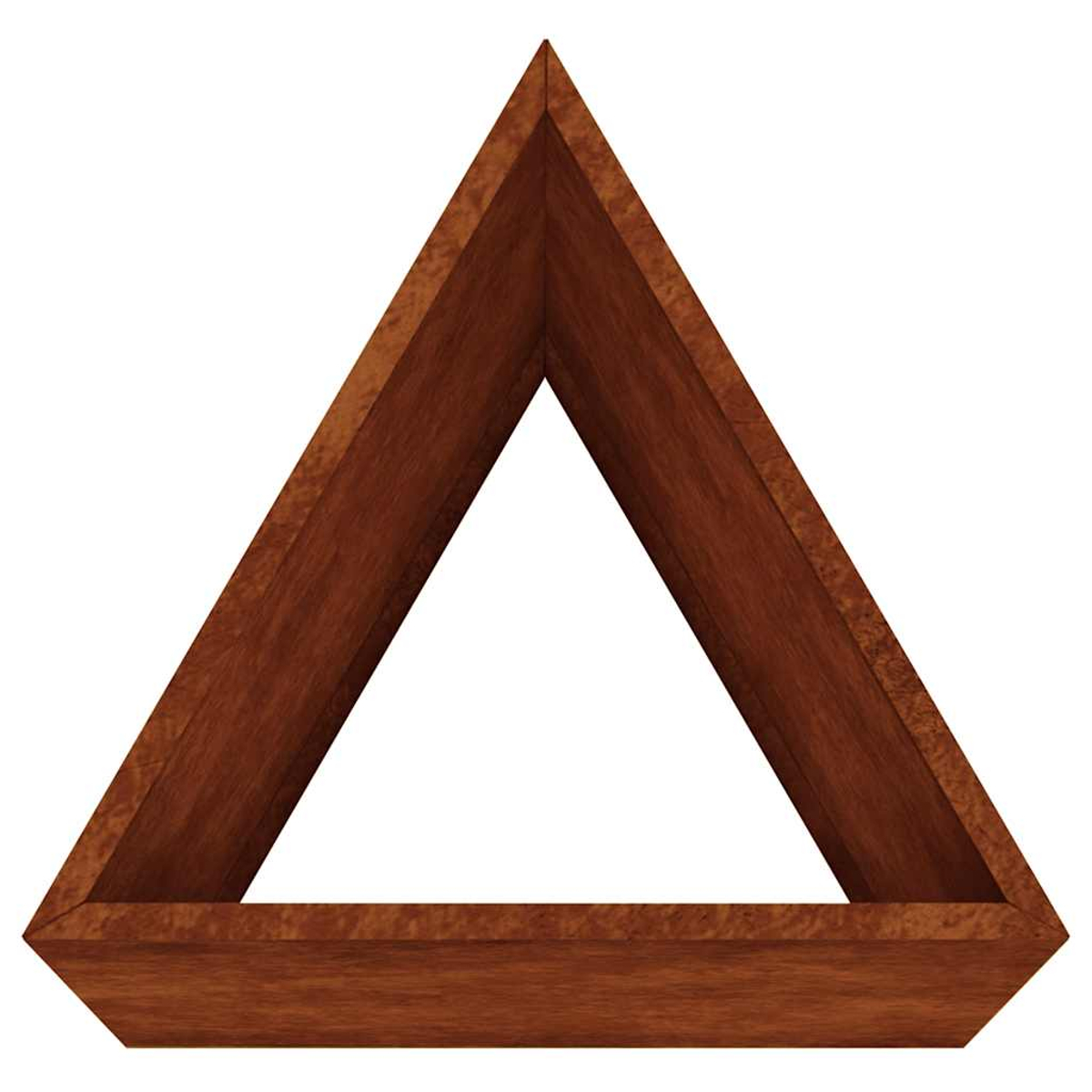 Ein dreieckiger Holzrahmen, isoliert auf weißem Hintergrund.