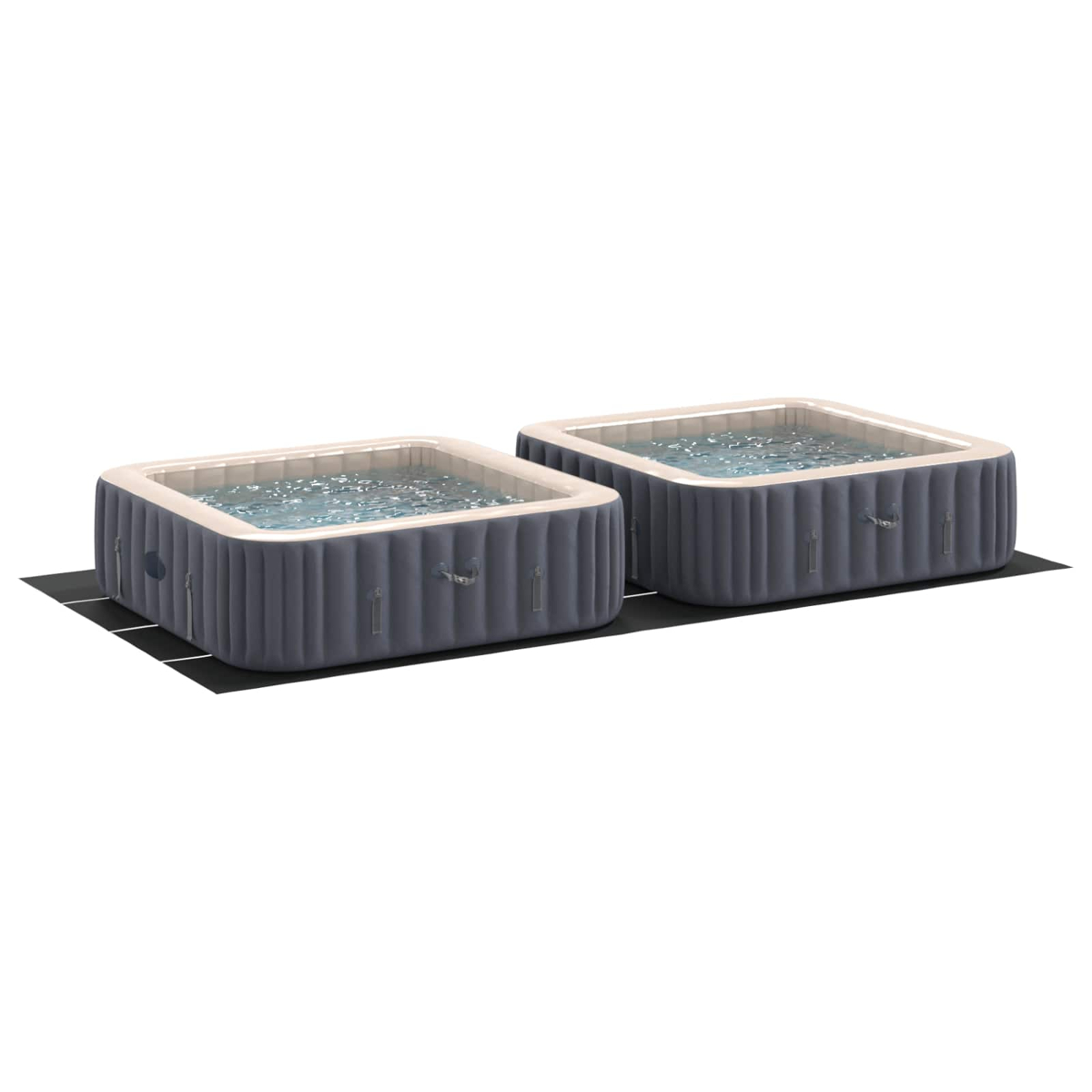 Zwei aufblasbare Whirlpools nebeneinander auf schwarzer Matte.
