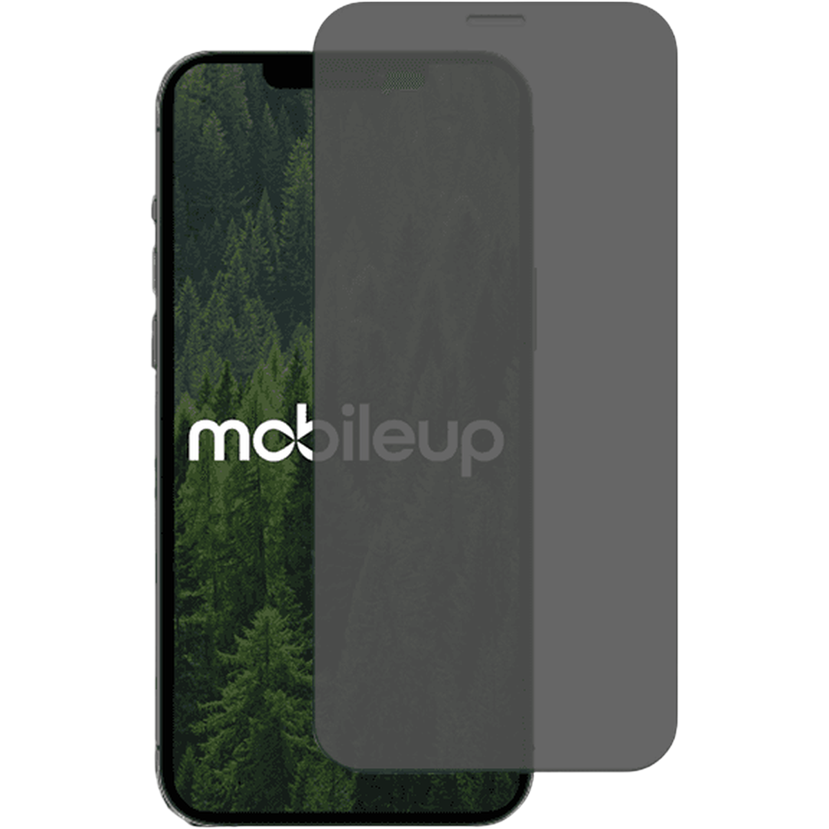 Ein Smartphone mit einem Displayschutz, der einen Wald zeigt.