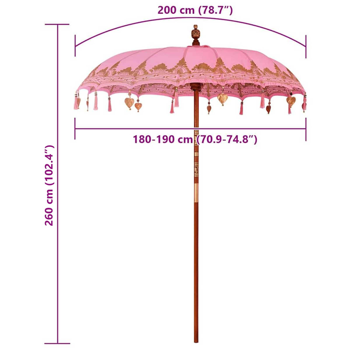 Ein pinkfarbener balinesischer Gartenschirm mit goldenen Mustern und herzförmigen Quasten, 260 cm hoch und 200 cm breit.