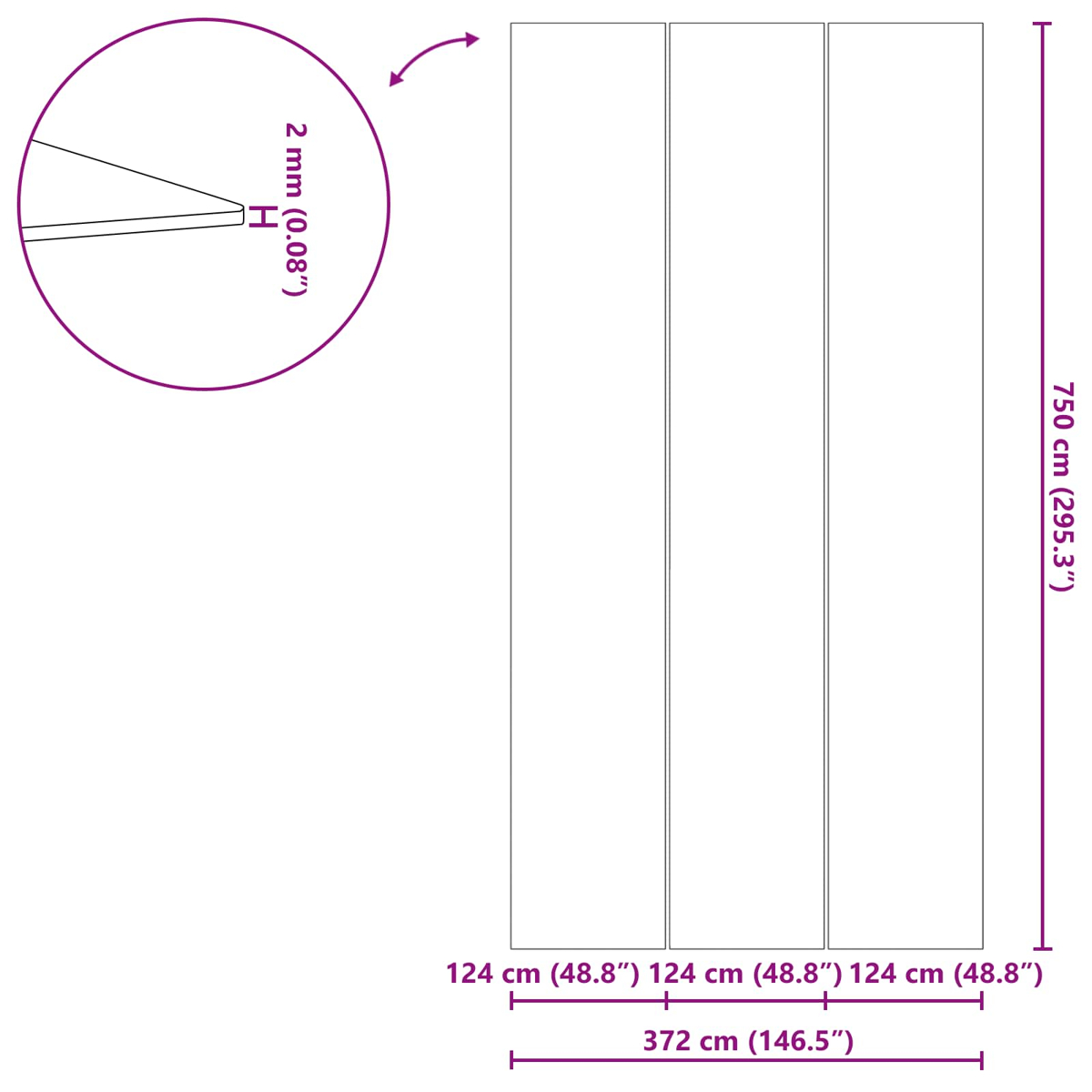 Zeigt drei weiße Paneele mit Bemaßungen: 750 cm Höhe, 372 cm Breite.