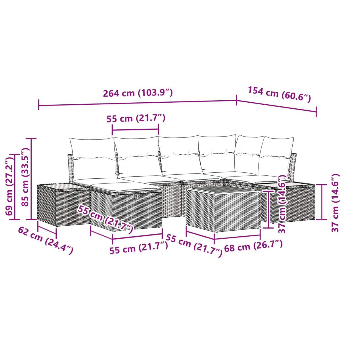 Geflecht-Loungeset mit weißen Kissen und Maßen.
