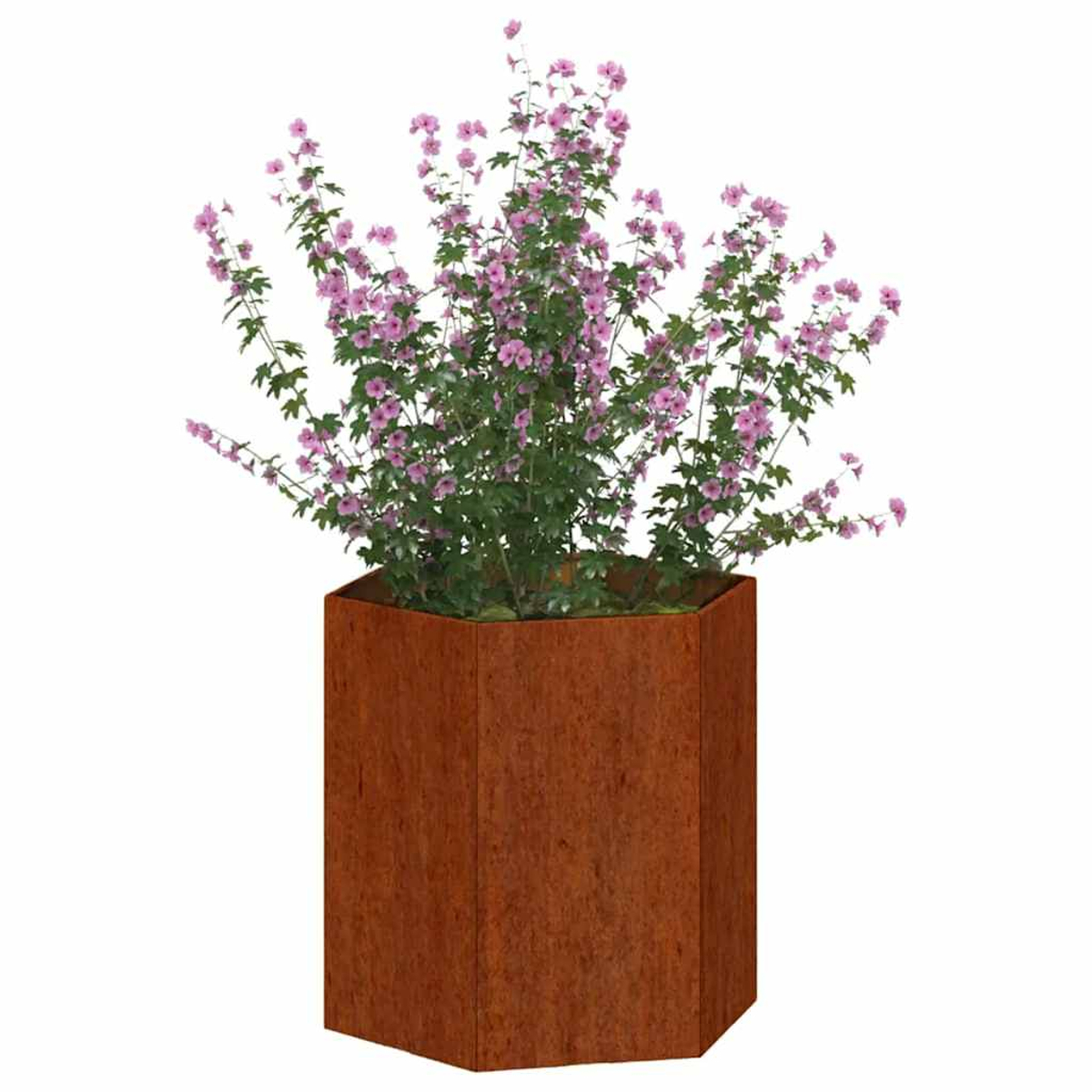 Ein sechseckiger Rostmetall-Pflanzer mit einer blühenden rosa Pflanze.