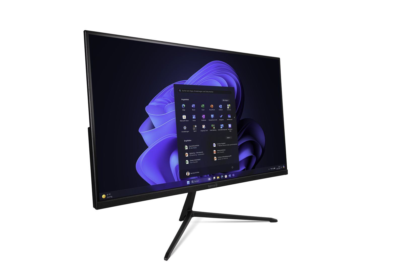 Un moderno monitor PC con menu Windows 11 e sfondo viola.