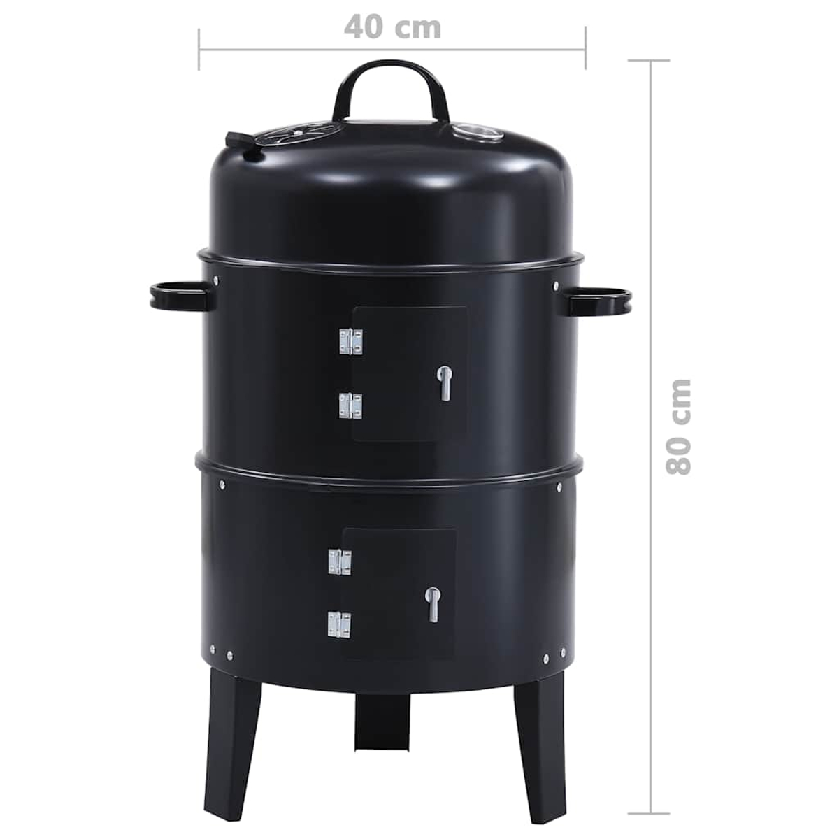 Schwarzer Smoker mit zwei Türen, 80 cm hoch und 40 cm breit.