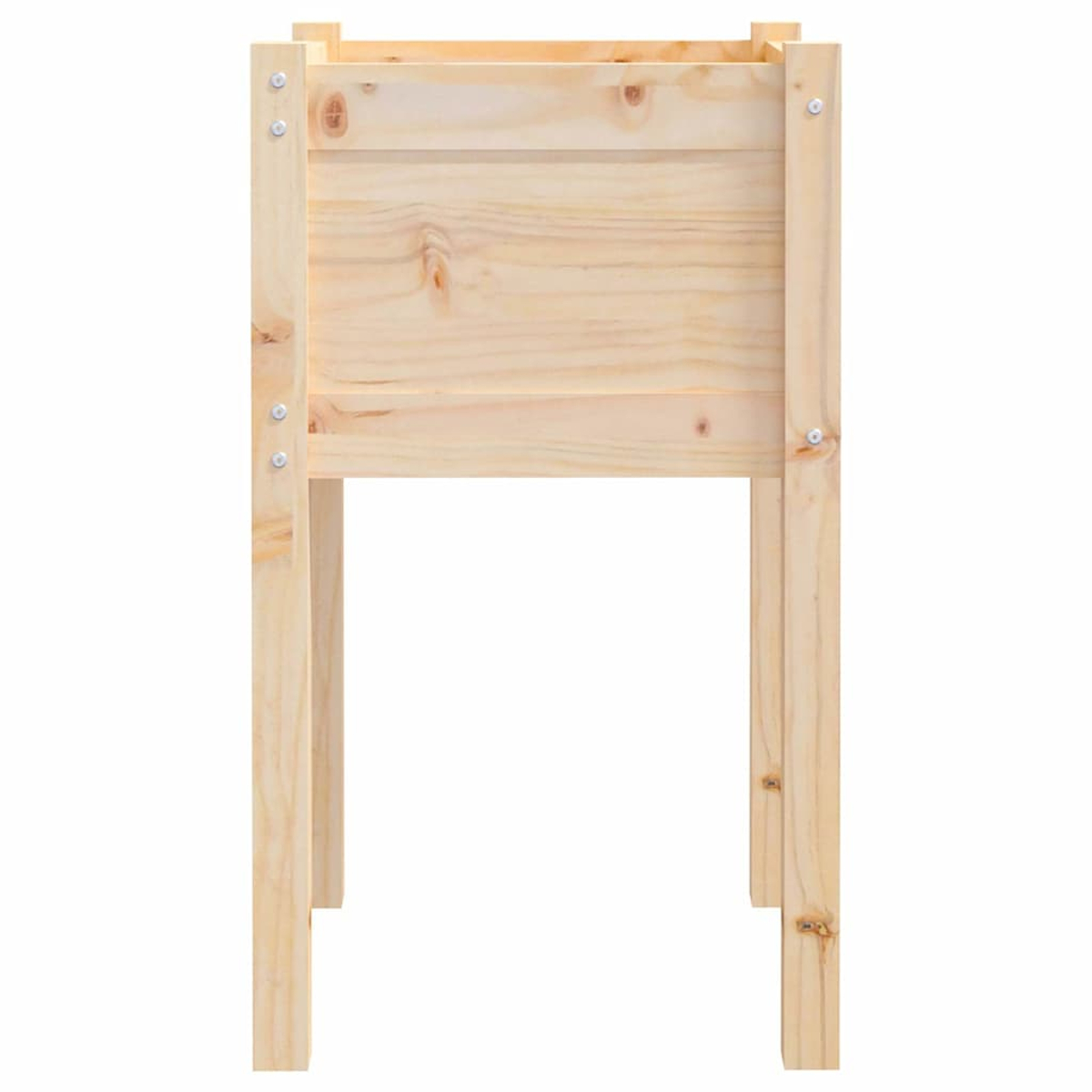 Ein aufrecht stehender Holzkasten mit vier Beinen, aus Kiefernholz.