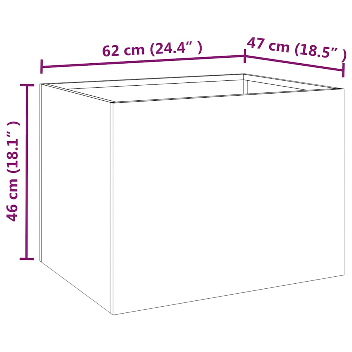 Ein rechteckiger Behälter mit den Maßen 62x47x46 cm.