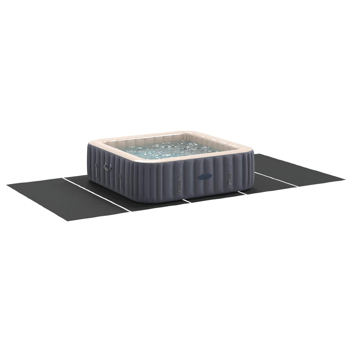 Ein aufblasbarer Whirlpool mit grauem Bezug und Wasseroberfläche auf schwarzer Matte.