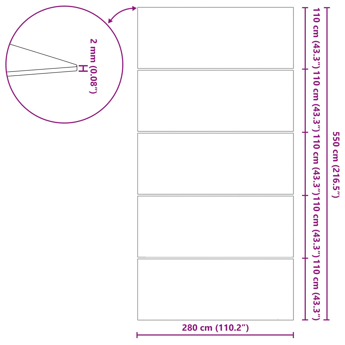 Schema mit Maßen: 280x550cm, fünf 110cm breite Rechtecke nebeneinander.