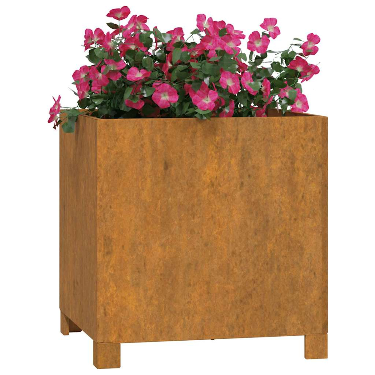 Rostfarbener würfelförmiger Pflanzkasten mit pinken Blumen und grünen Blättern.
