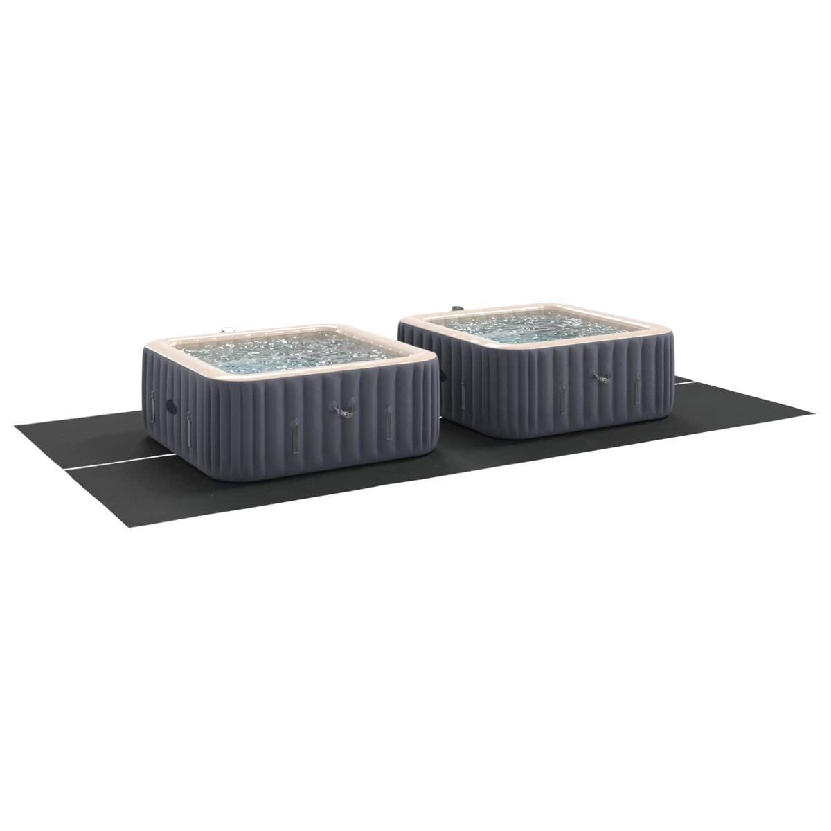 Zwei aufblasbare graue Whirlpools mit klarem Wasser auf schwarzer Matte.