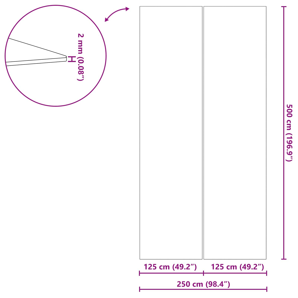 Zwei weiße Paneele, 500 cm hoch, 125 cm breit, 2 mm dick.