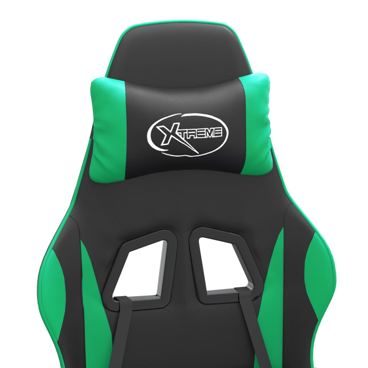 Ein schwarzer und grüner Gaming-Stuhl mit weißem Logo.