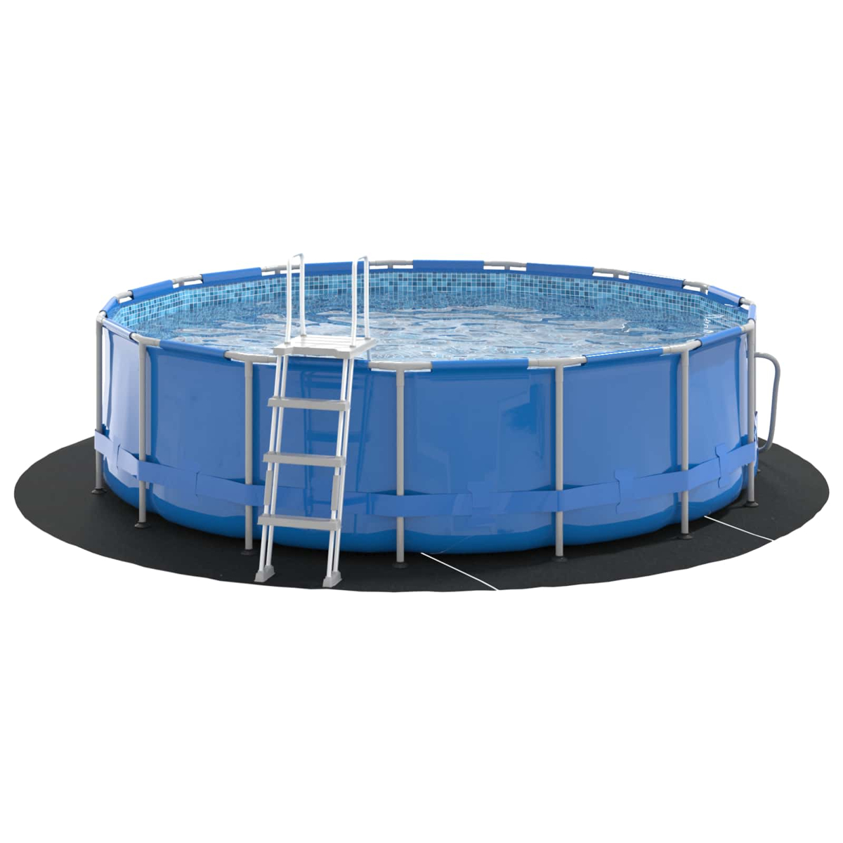 Ein blaues Rundbecken mit Leiter und Wasser auf schwarzem Untergrund.