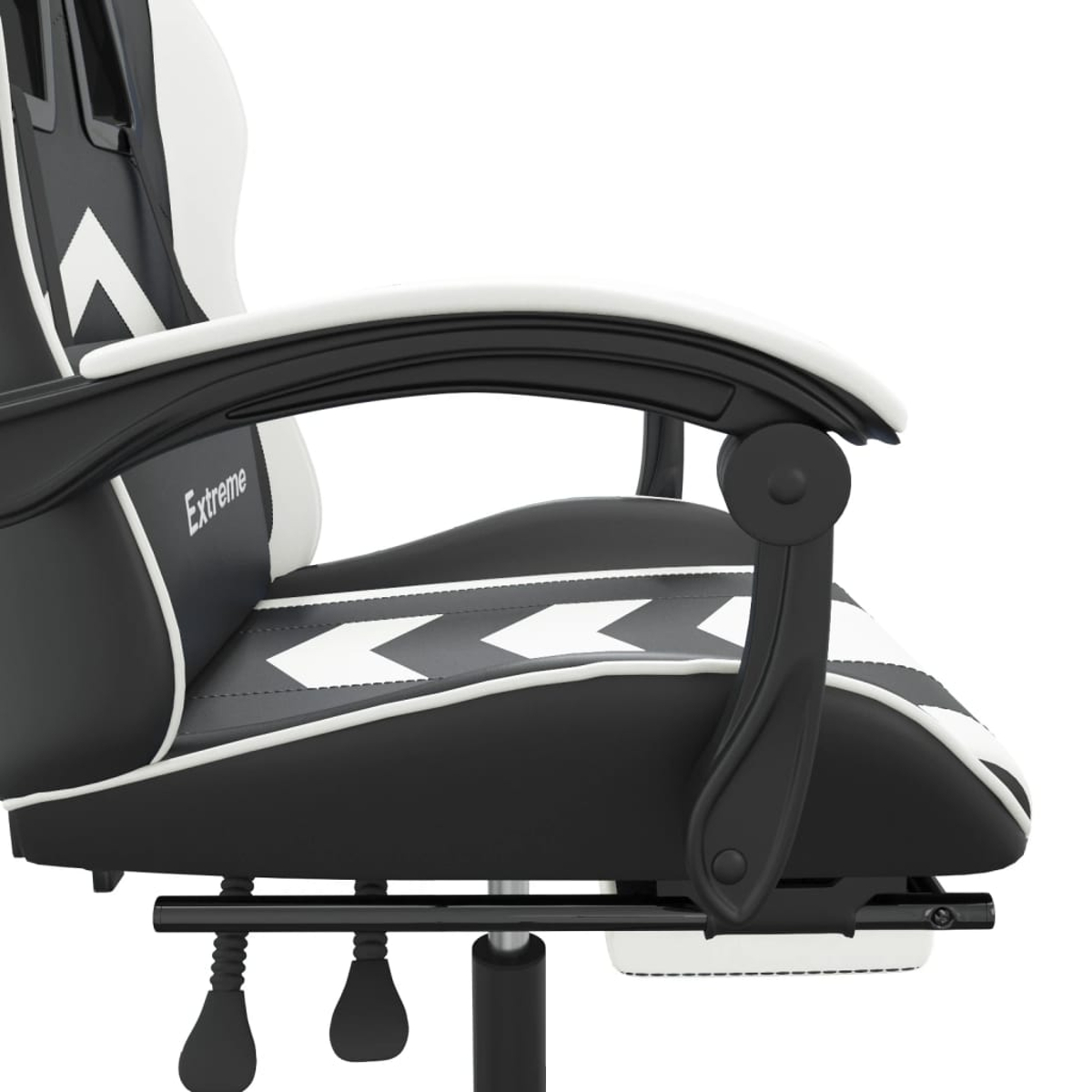 Schwarzer und weißer Gaming-Stuhl mit Pfeildesign und Armlehne.