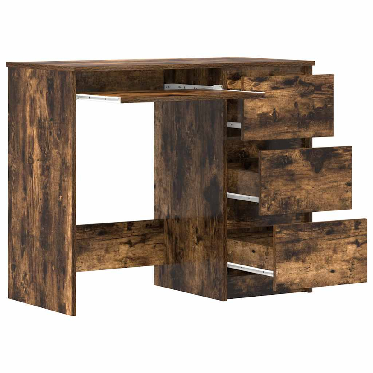 Ein Schreibtisch aus dunklem Holz mit ausziehbarer Tastaturablage und Schubladen.