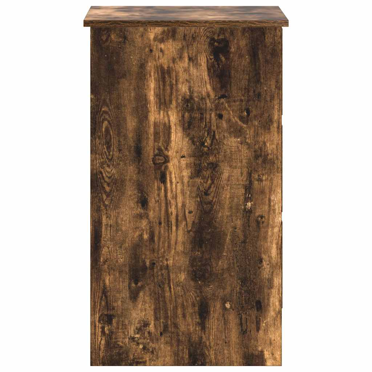 Dunkelbraune Holzmaserung auf einem Schrankteil mit weißem Hintergrund.