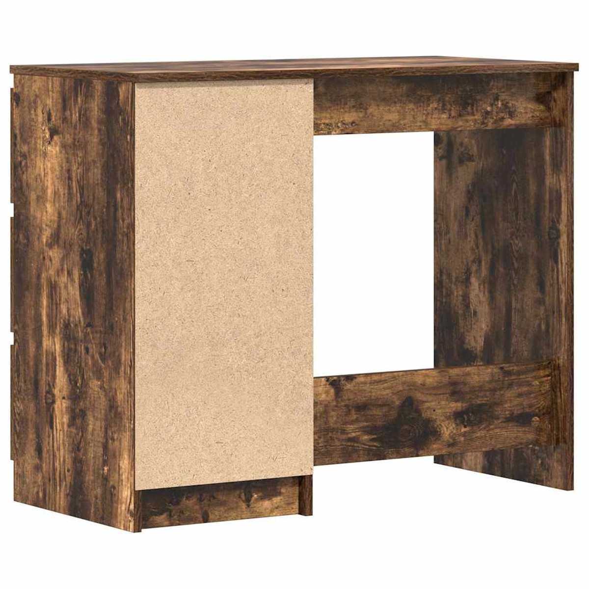 Ein dunkles Holzschreibtischgehäuse mit einer offenen Seite und einer braunen Platte.