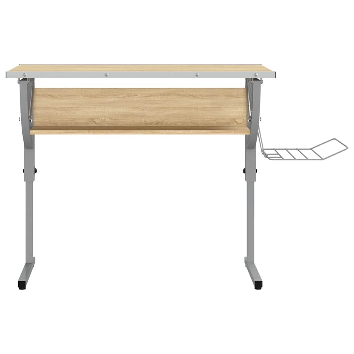 Ein höhenverstellbarer Schreibtisch mit Holzplatte und Metallrahmen.