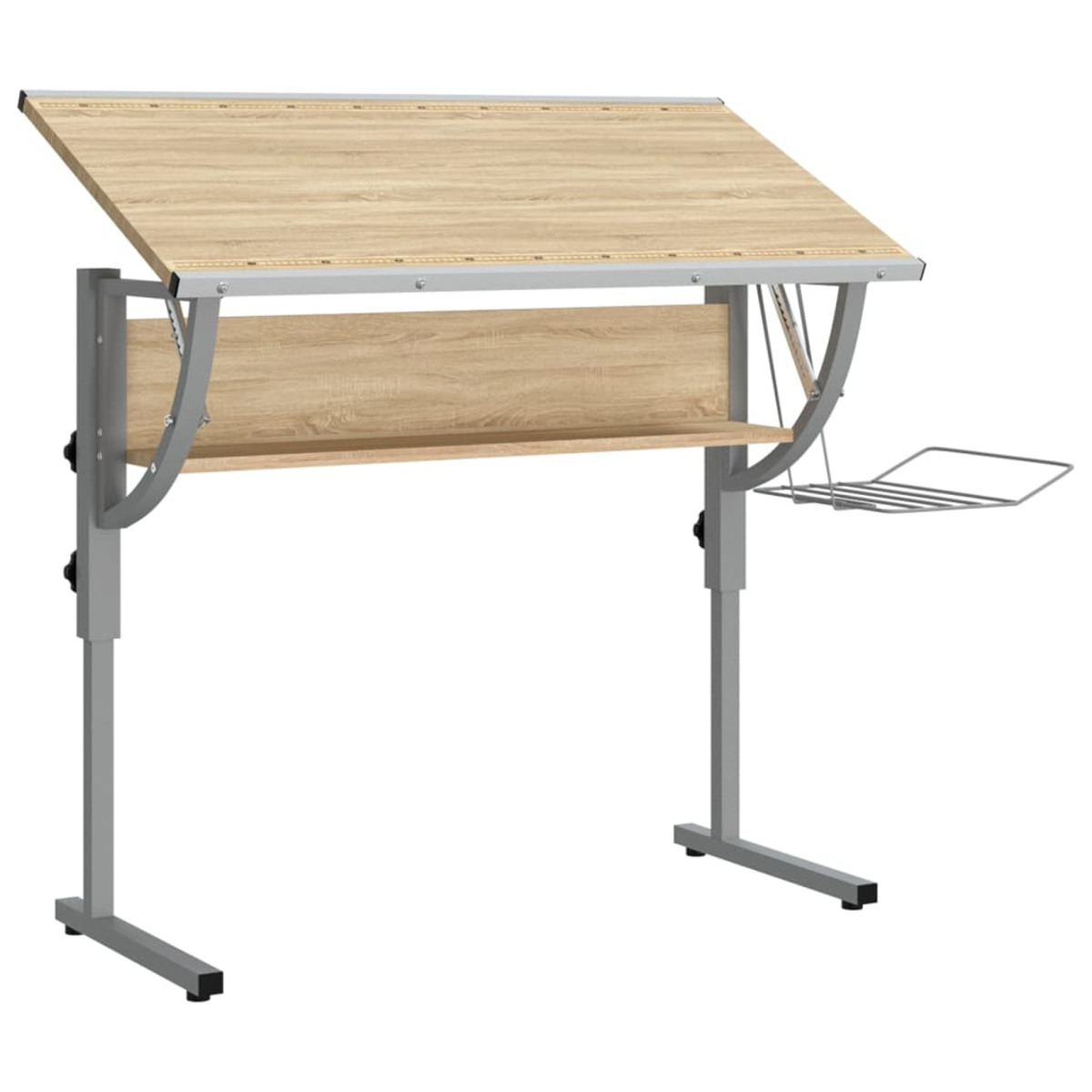Neigbarer Zeichentisch mit Holzplatte, Metallrahmen und Ablage.