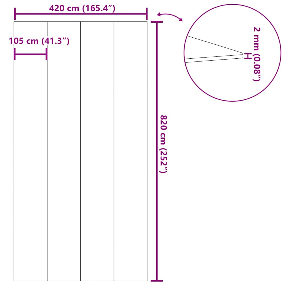 Diagramm mit Maßen: Breite 420 cm, Höhe 820 cm. Detailansicht zeigt 2 mm Dicke.