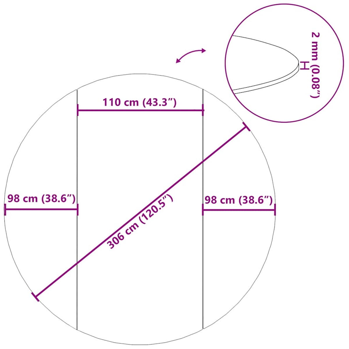 Kreisdiagramm mit Maßen: 110 cm Breite, 98 cm Höhe, 306 cm Diagonale, 2 mm Dicke.