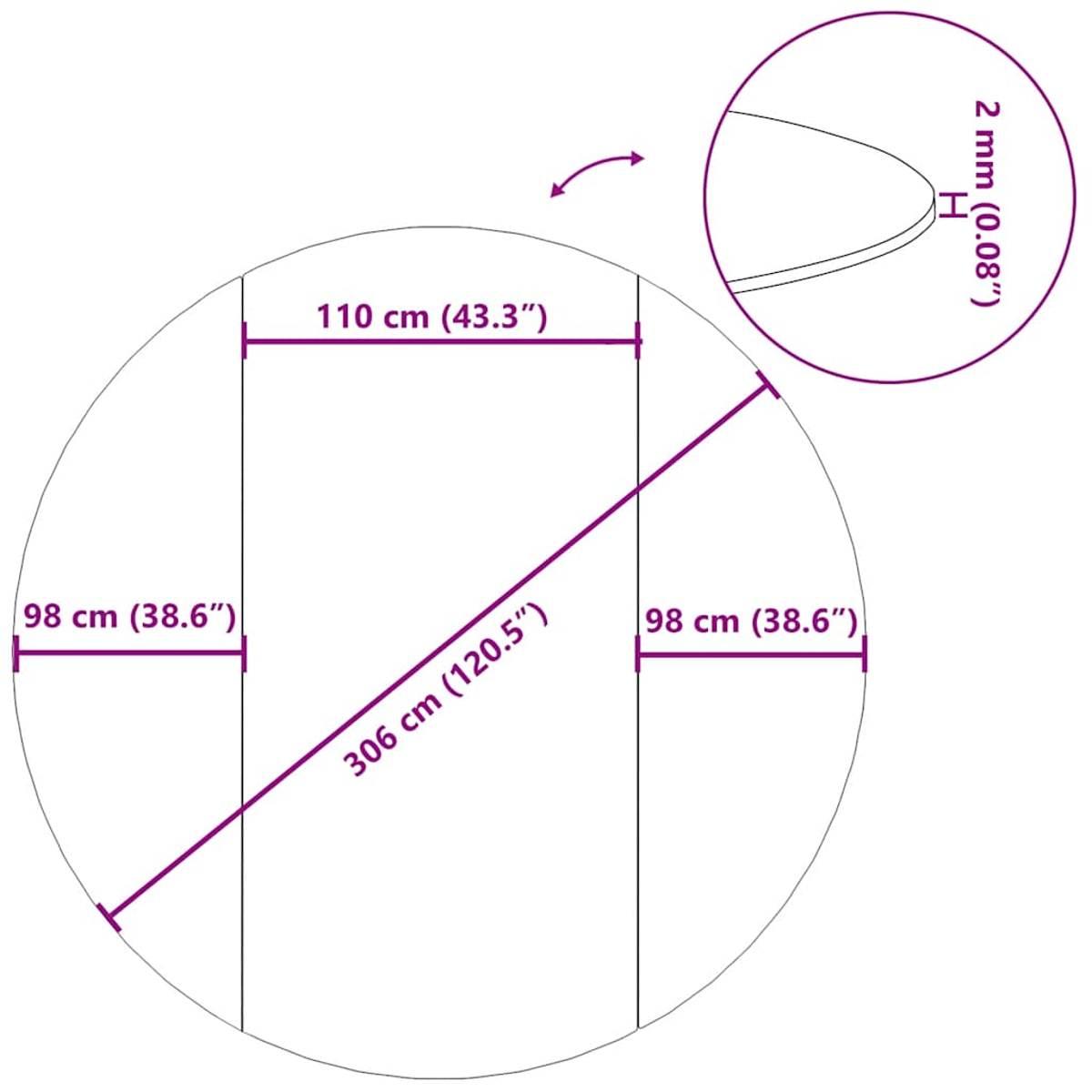 Kreisdiagramm mit Maßen: 110cm, 306cm, 98cm und 2mm Dicke.