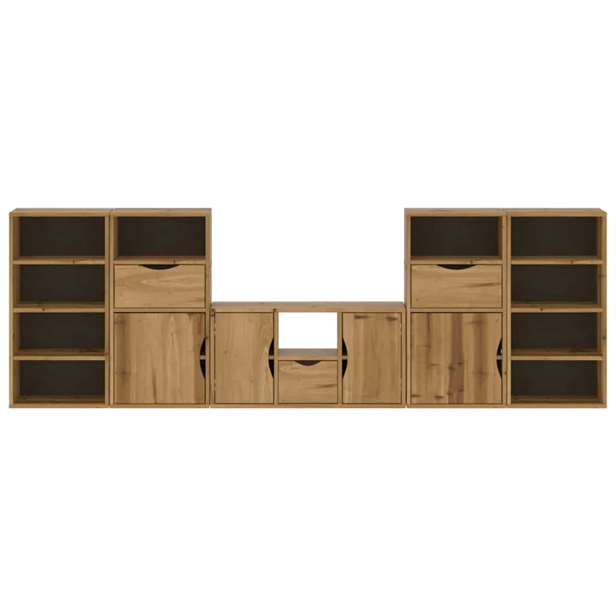 Braunes Holzmodulsystem mit Regalen, Schubladen und Türen.