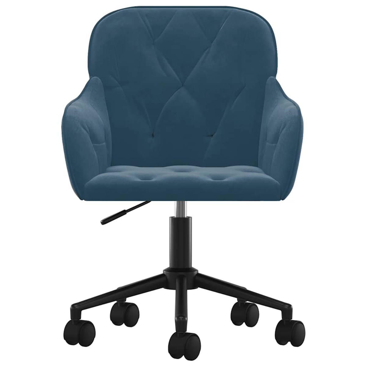 Ein blauer Bürostuhl mit Rädern und gepolsterter Sitzfläche.