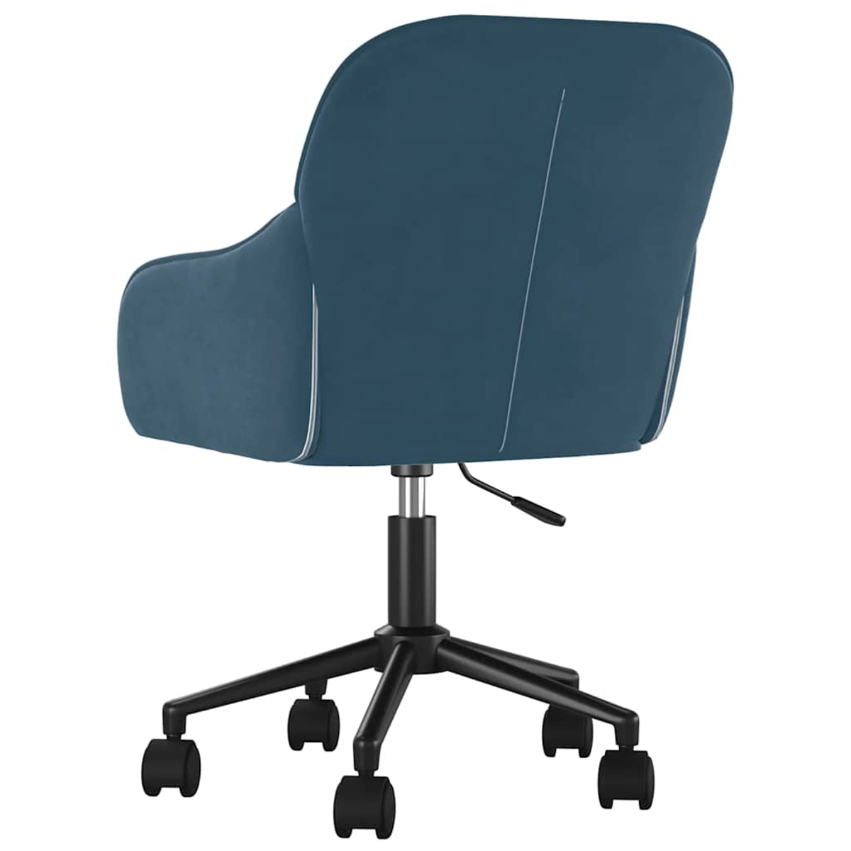 Blauer Bürostuhl mit Rädern, von hinten gezeigt.