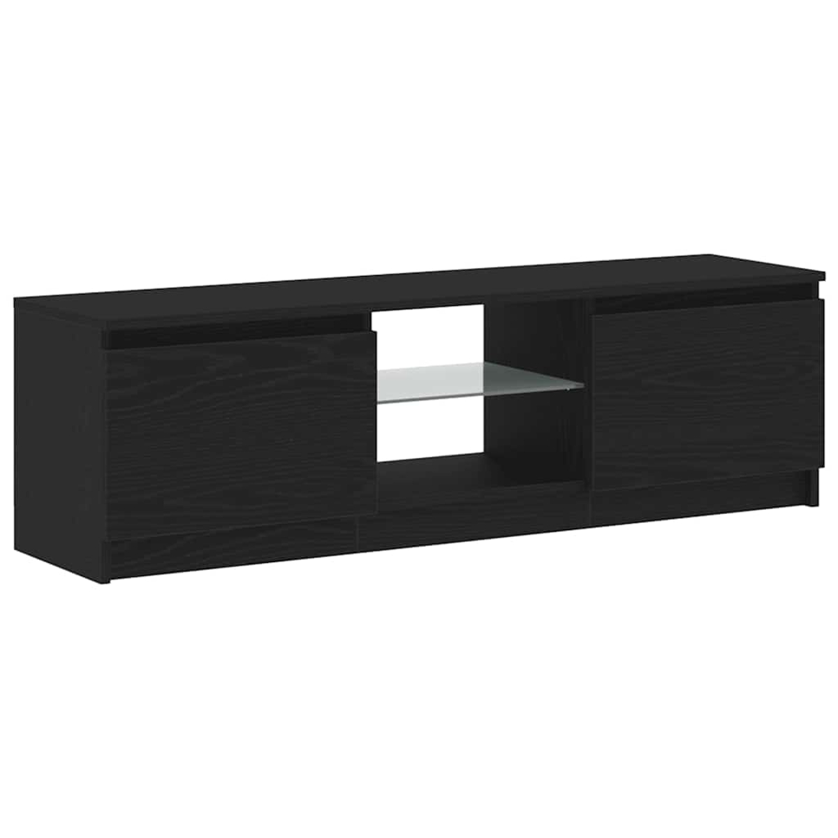 Schwarzer TV-Schrank mit Glasablage und Türen.