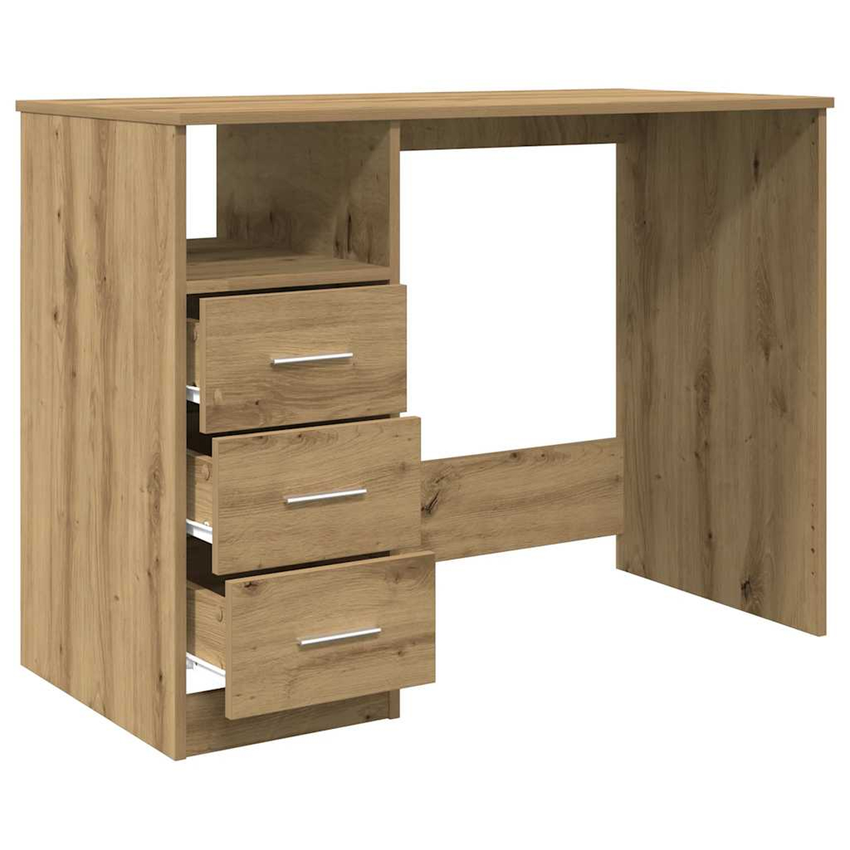 Ein Schreibtisch aus Holz mit drei Schubladen und einem offenen Fach.
