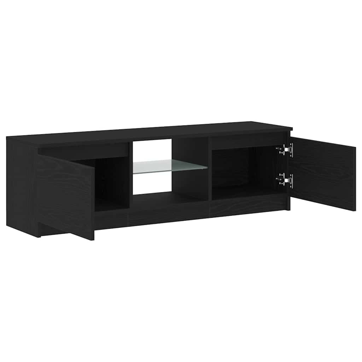 Ein schwarzes TV-Möbel mit offenen Türen und einem Glasregal in der Mitte.