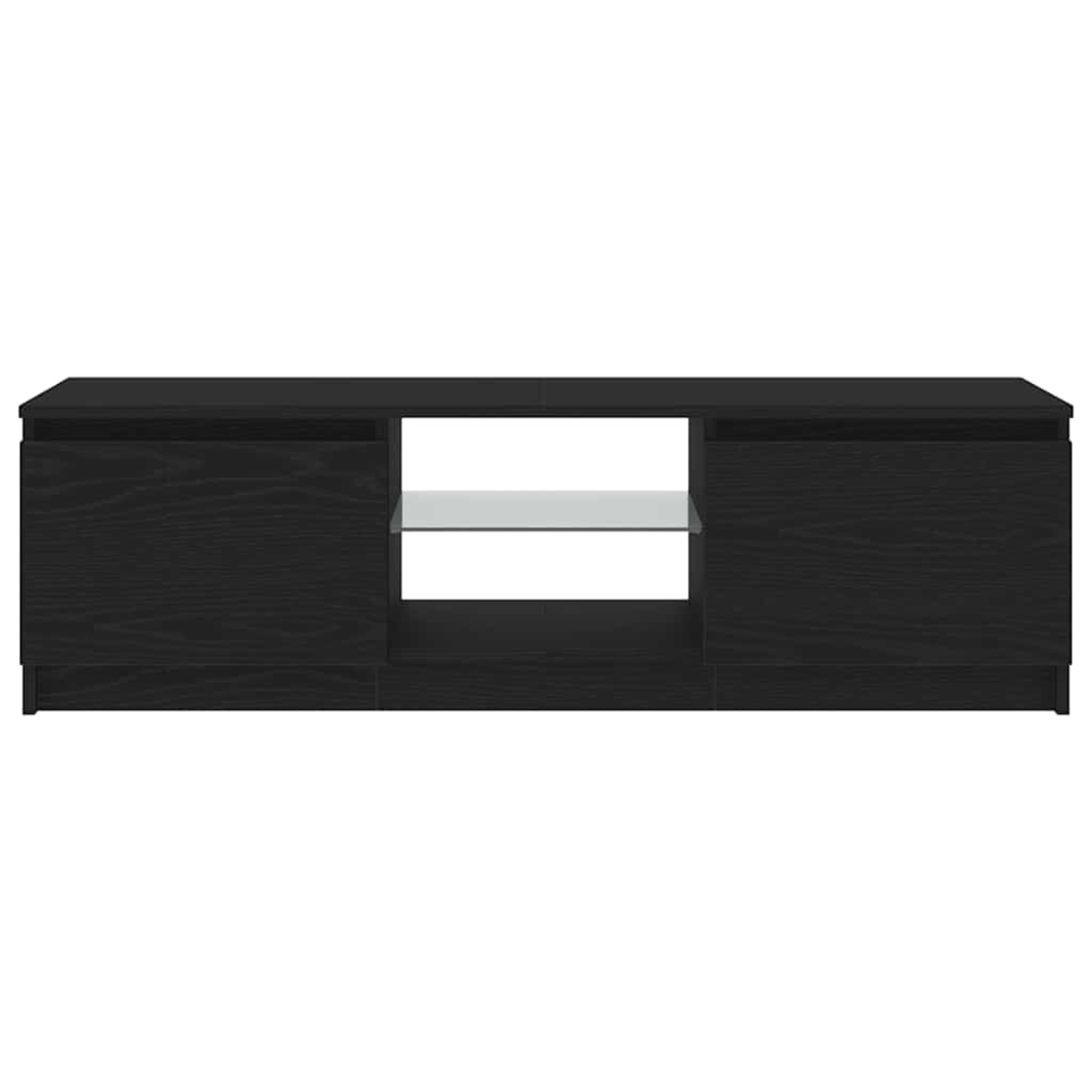 Ein schwarzes TV-Möbel mit zwei Türen und einem offenen Fach mit Glasablage.