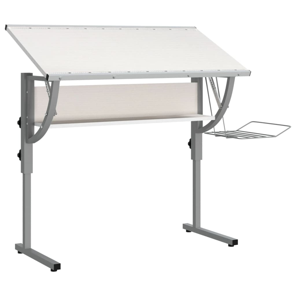 Ein heller Zeichentisch mit silbernem Metallrahmen und weißer Arbeitsfläche.