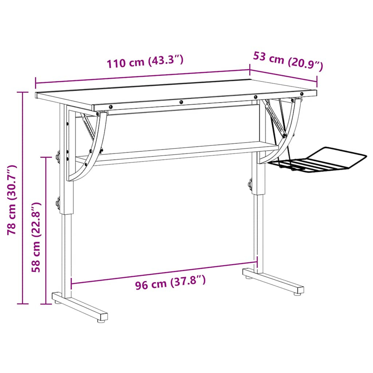 Zeichnetisch mit Maßen: 110x53 cm Tischplatte, verstellbare Höhe 58-78 cm.