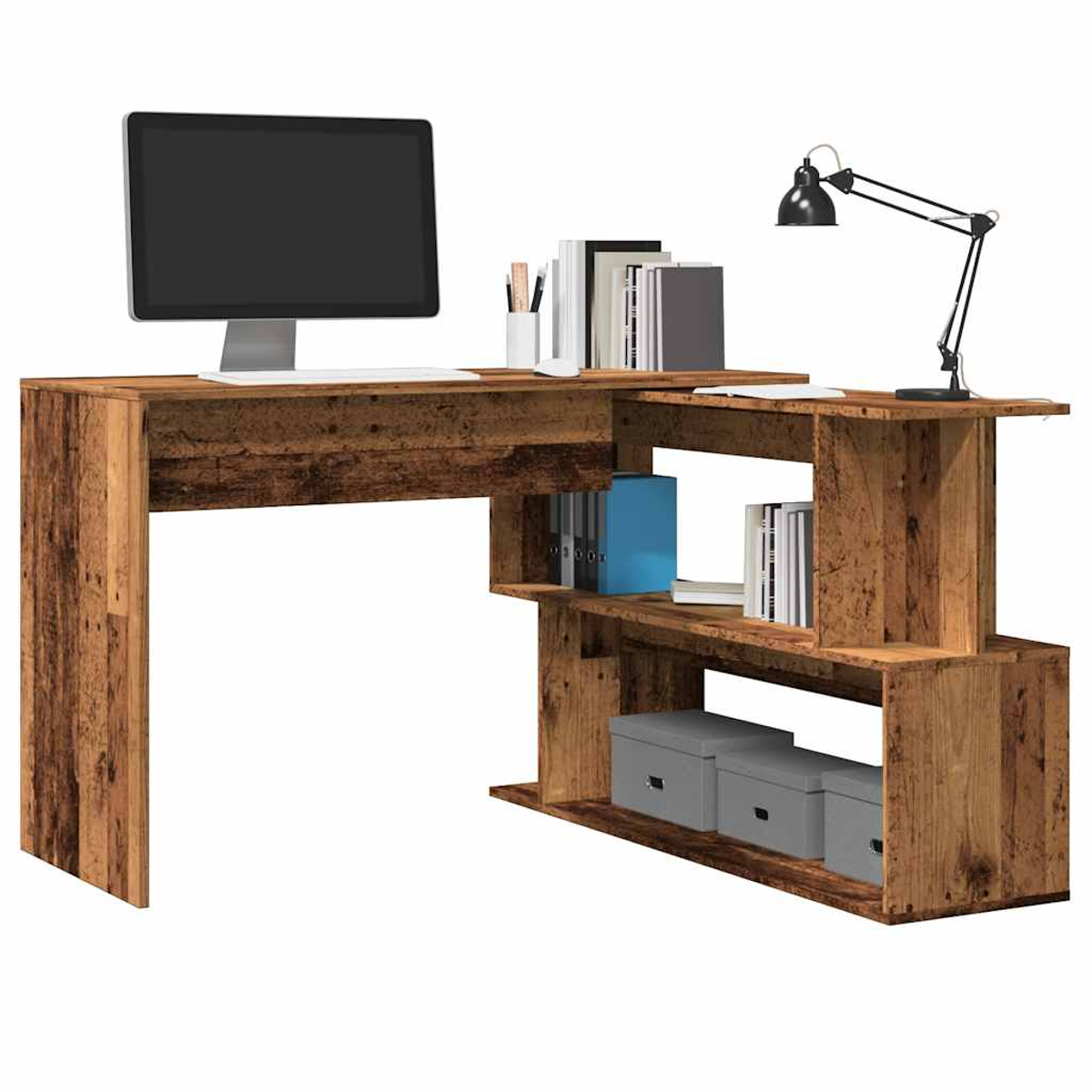 Ein rustikaler Holztisch mit Monitor, Büchern, Lampe und Aufbewahrungsboxen.