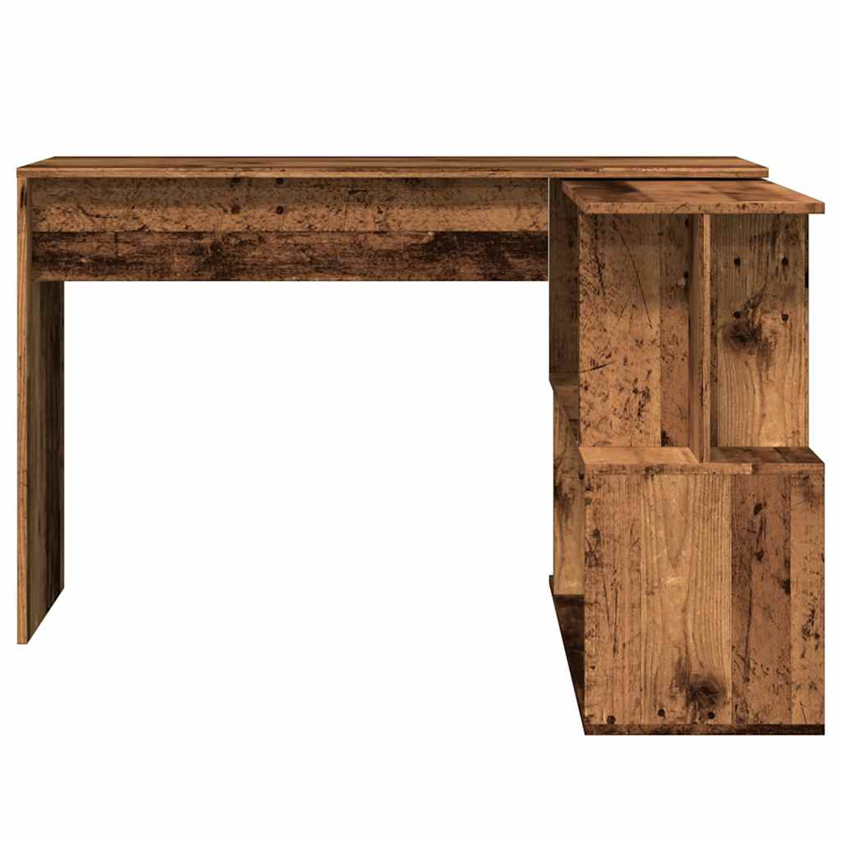 Ein rustikaler Holztisch mit mehreren Regalen.