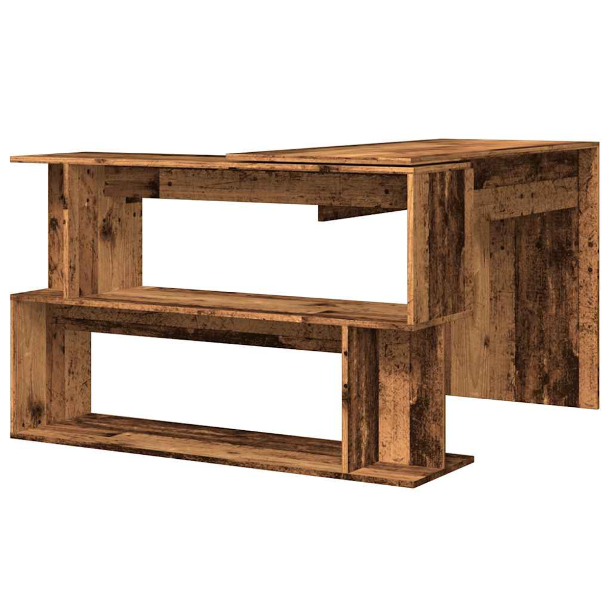 Ein rustikales Holzregal mit zwei Ebenen auf weißem Hintergrund.