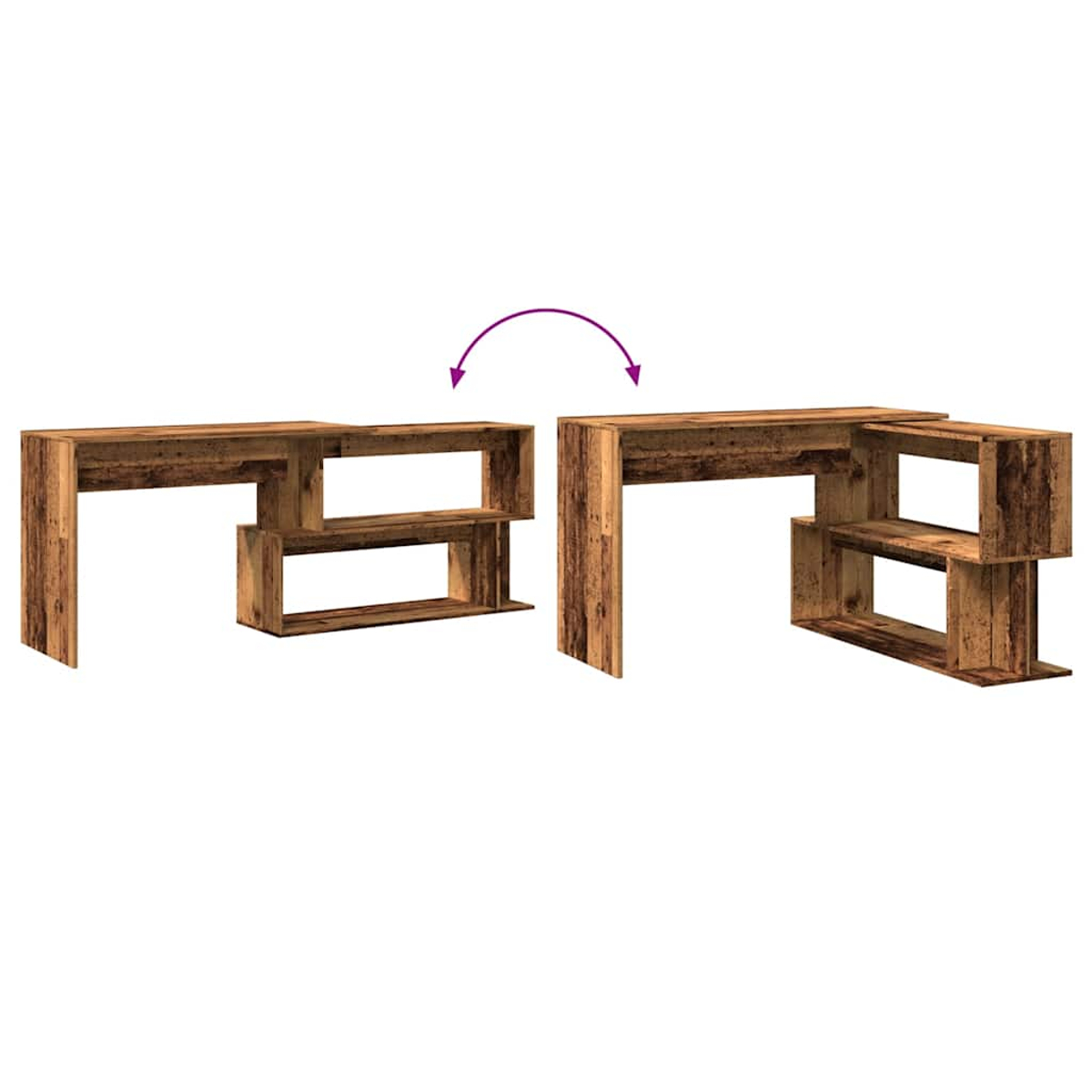 Zwei aus Holz gefertigte Konsolen mit Regalfächern, eine davon verschiebbar.