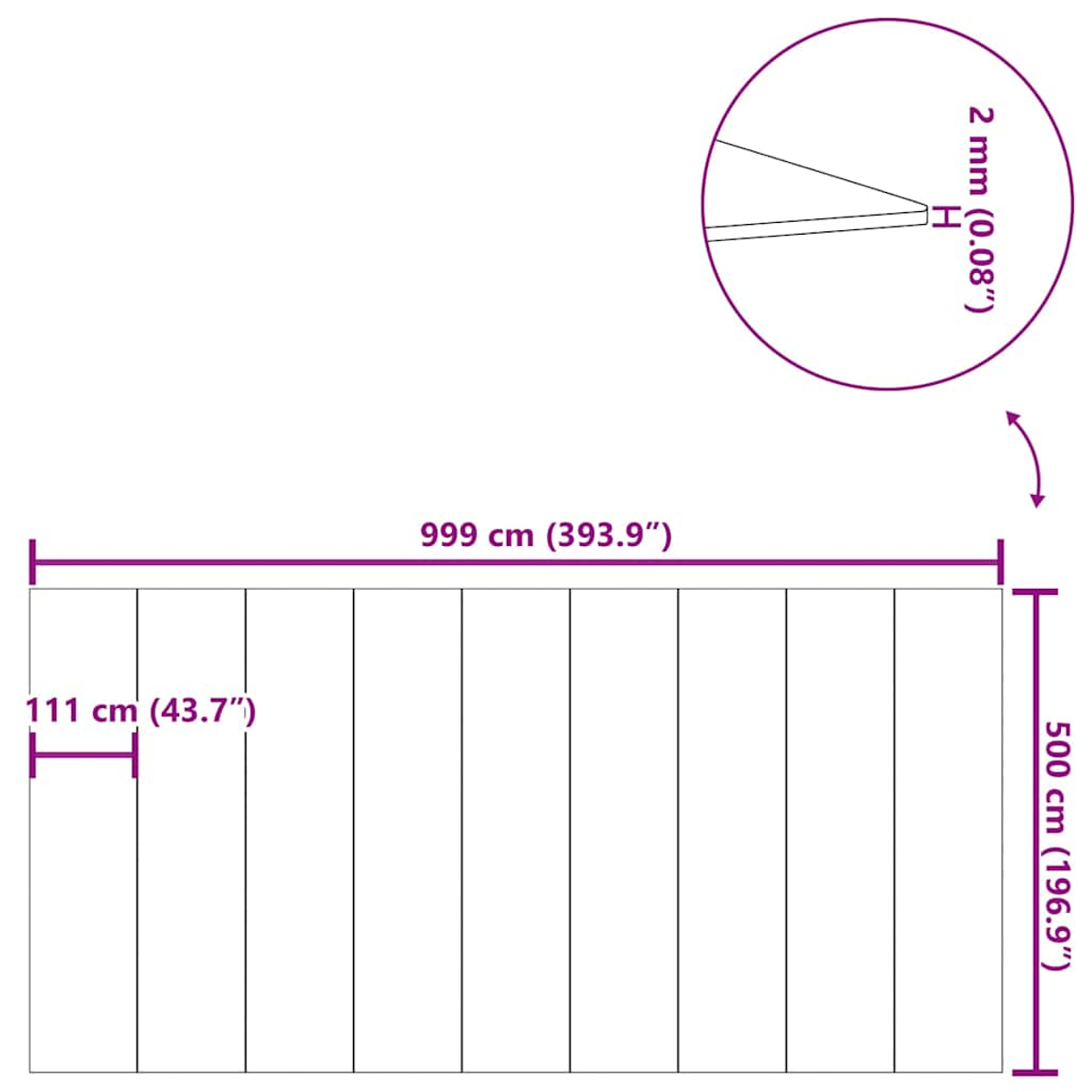 Diagramm zeigt Maße: 999x500 cm, 111 cm Breite, 2 mm Dicke.