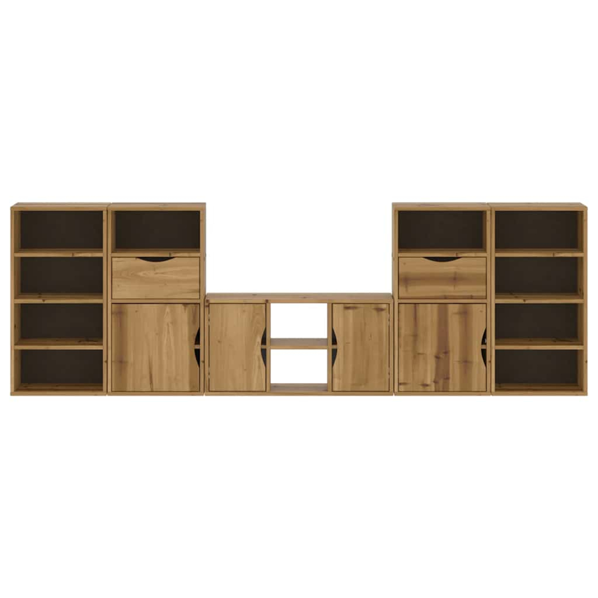 Ein Holzregal mit mehreren Fächern, Schubladen und Türen.
