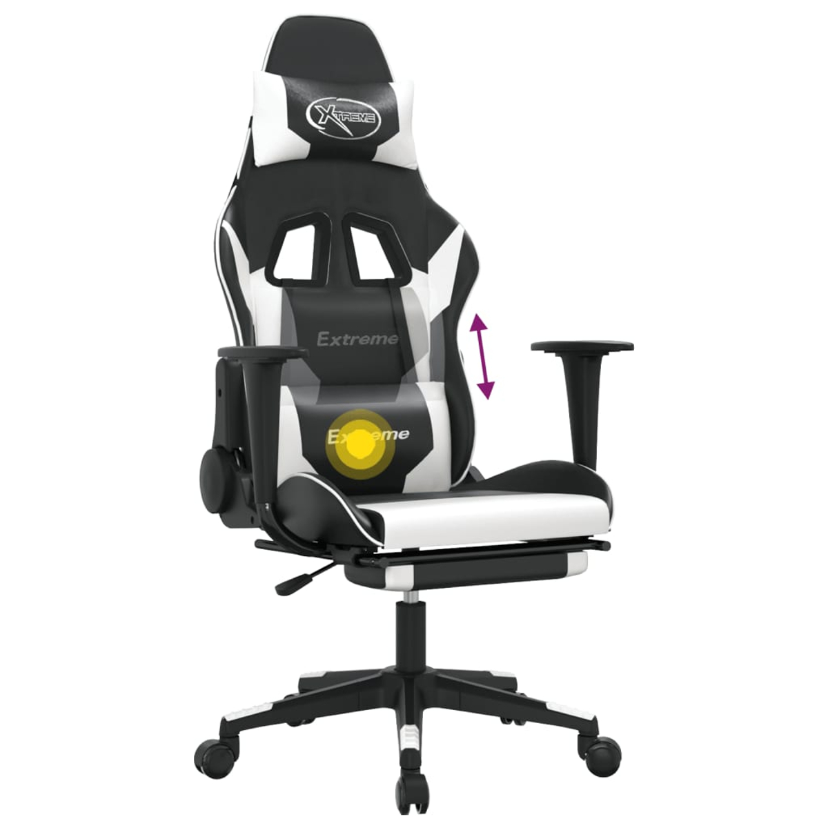 Schwarzer und weißer Gaming-Stuhl mit verstellbarer Rückenlehne und Fußstütze.