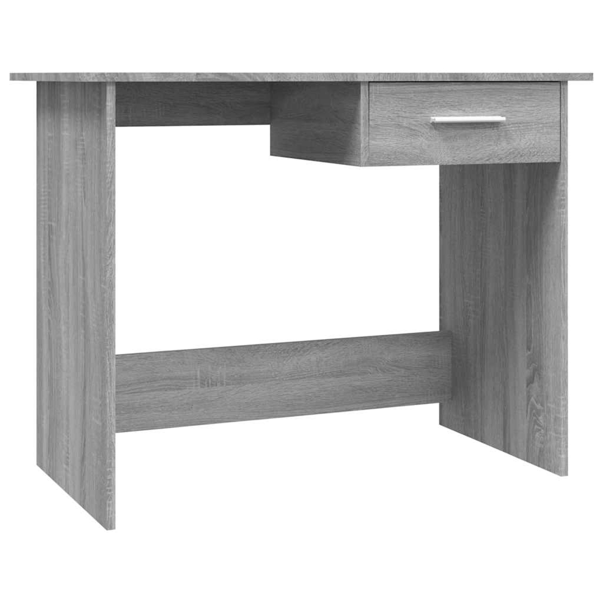 Grauer Schreibtisch mit einer Schublade und silbernem Griff.
