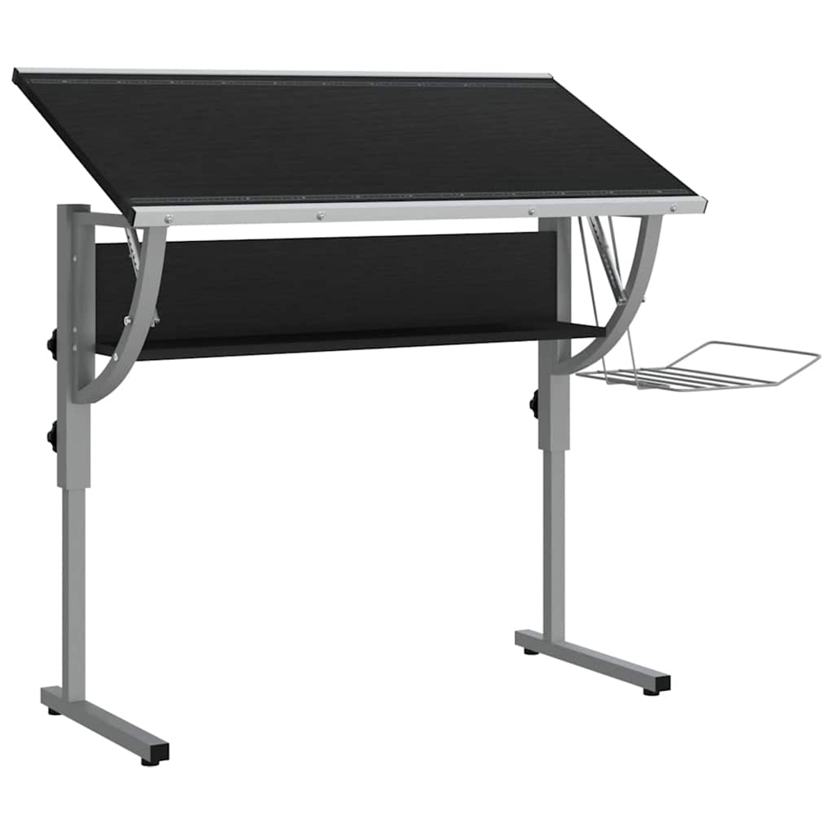 Ein schwarzer Zeichentisch mit silbernem Metallrahmen und Ablage.