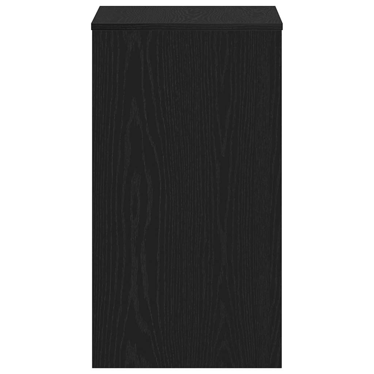 Schwarzer Holzschrank, aufrechte Ansicht.